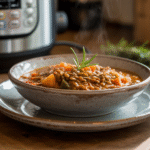 A warm bowl of vegan lentil stew with an Instant Pot in the background on a kitchen counter