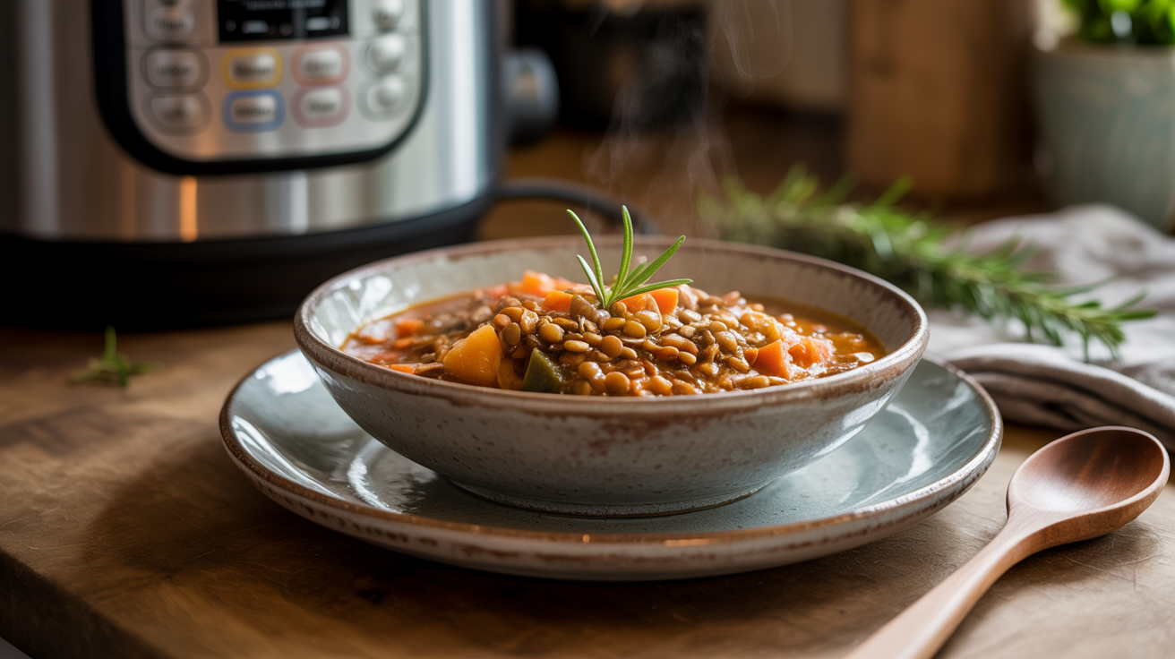A warm bowl of vegan lentil stew with an Instant Pot in the background on a kitchen counter