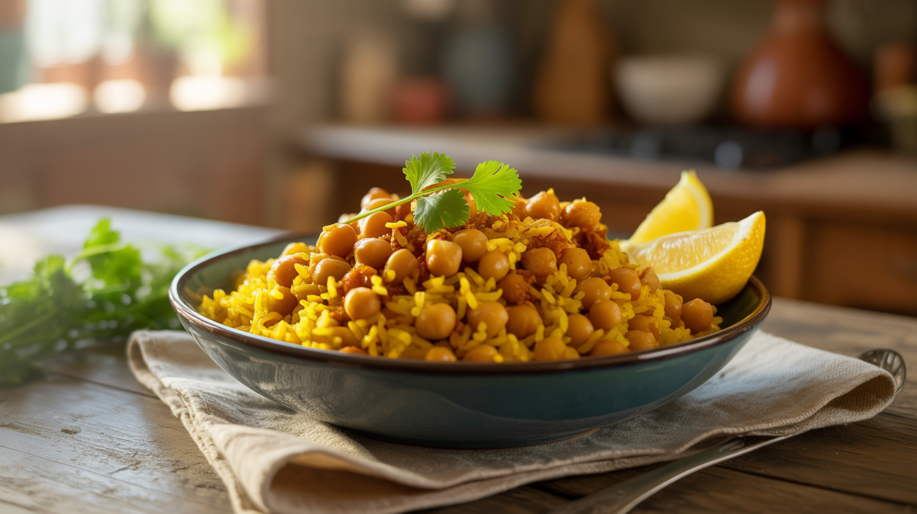 Bowl of Instant Pot curried chickpeas and rice garnished with cilantro and served with lemon.