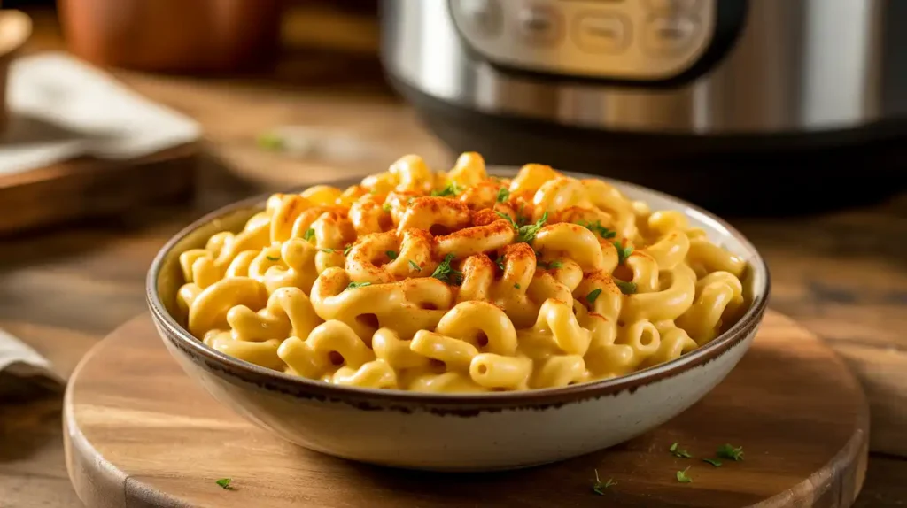 Bowl of creamy vegan mac and cheese made in the Instant Pot, with golden nooch sauce and elbow pasta.