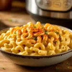 Bowl of creamy vegan mac and cheese made in the Instant Pot, with golden nooch sauce and elbow pasta.