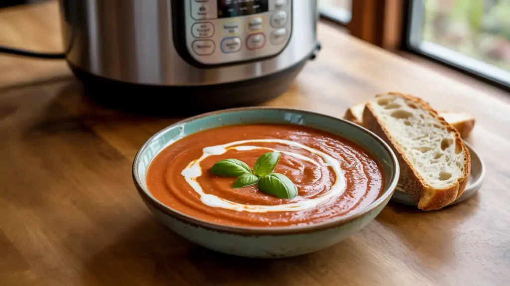 Bowl of creamy vegan tomato basil soup made in the Instant Pot, garnished with basil and coconut cream.