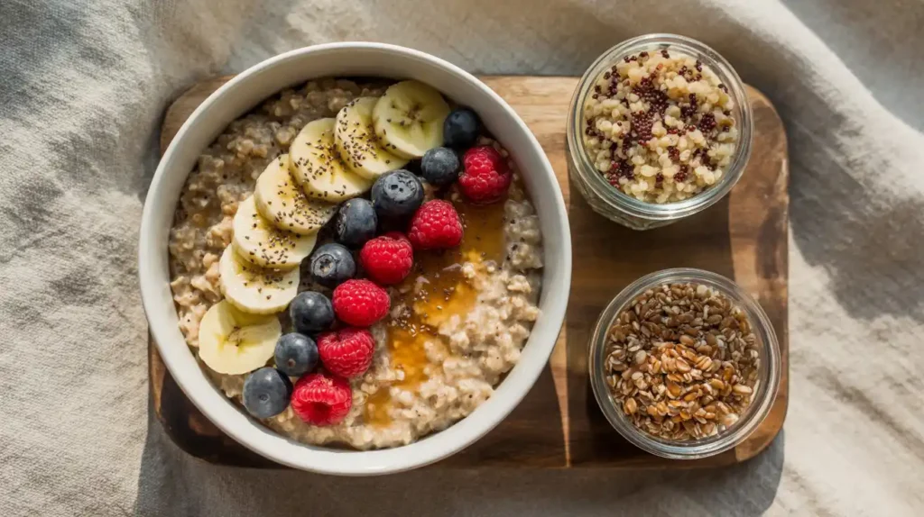 Bowl of vegan Instant Pot oatmeal with fruit toppings and prepped grain bowls in containers.