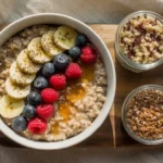Bowl of vegan Instant Pot oatmeal with fruit toppings and prepped grain bowls in containers.