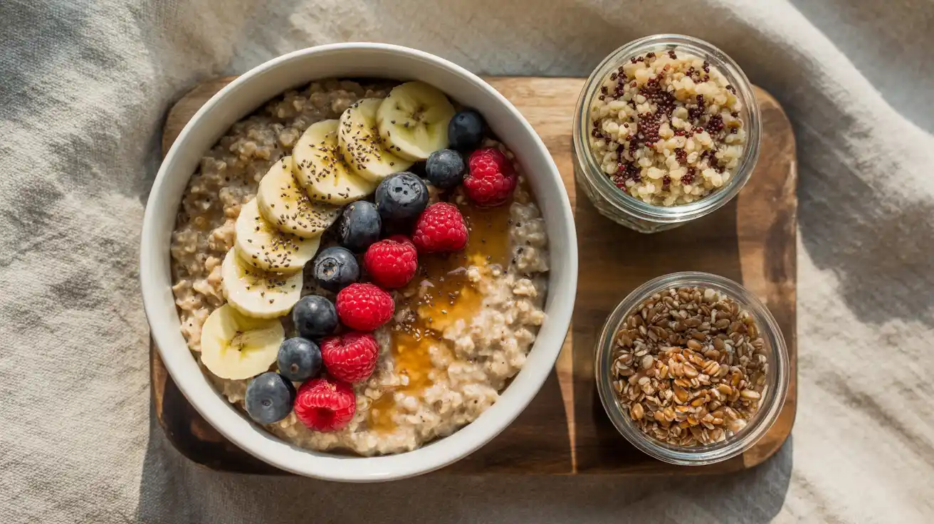 Bowl of vegan Instant Pot oatmeal with fruit toppings and prepped grain bowls in containers.