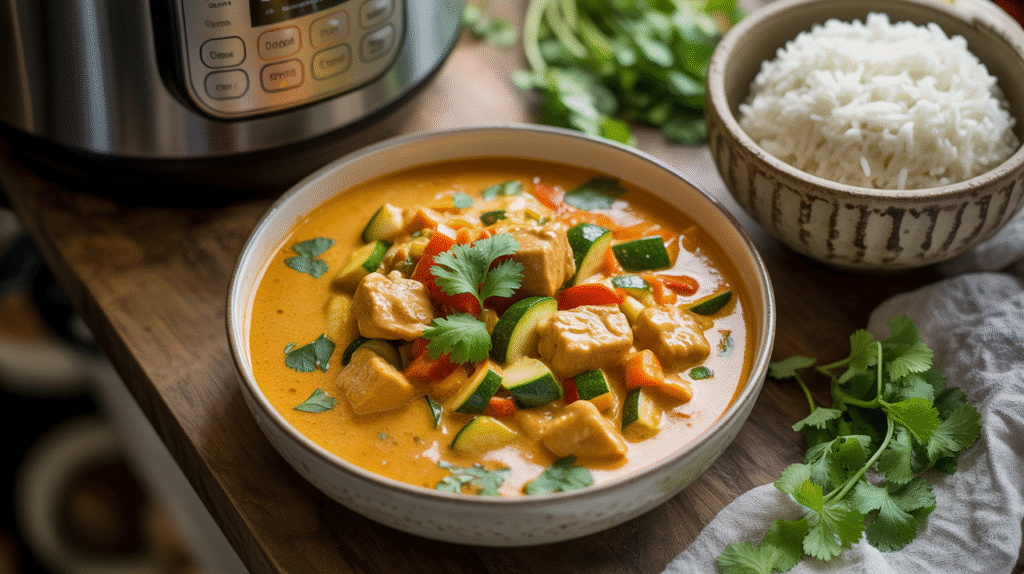 Bowl of vegan Thai coconut curry with tempeh and vegetables, garnished with herbs