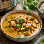 Bowl of vegan Thai coconut curry with tempeh and vegetables, garnished with herbs