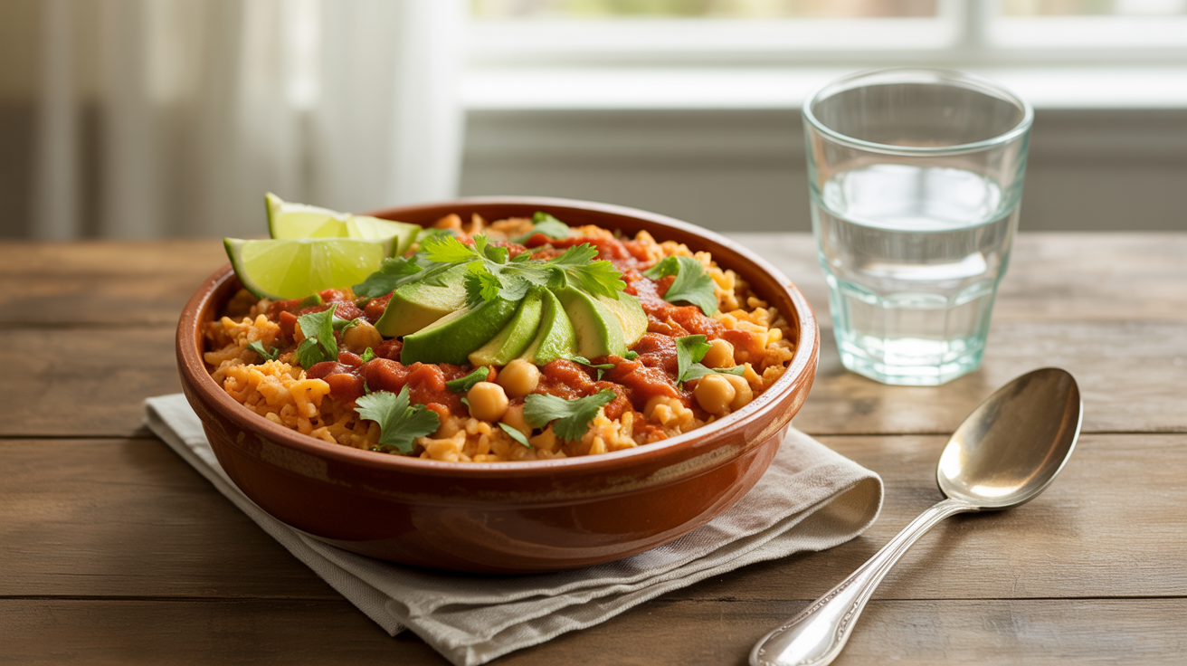 Bowl of vegan burrito rice with chickpeas, avocado, and lime wedges on a kitchen table