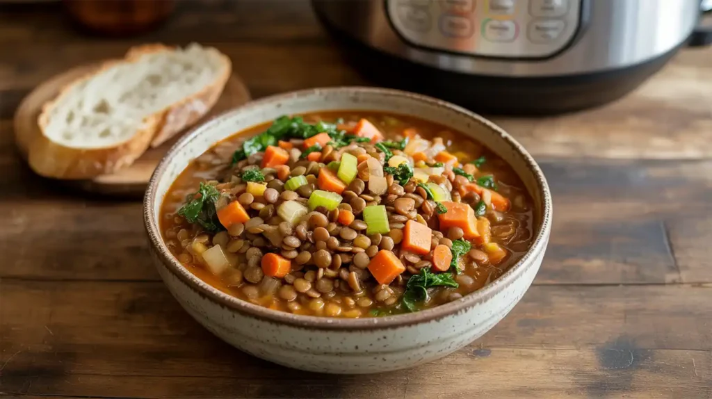 Bowl of vegan lentil and vegetable stew made in the Instant Pot, with carrots, lentils, and kale.