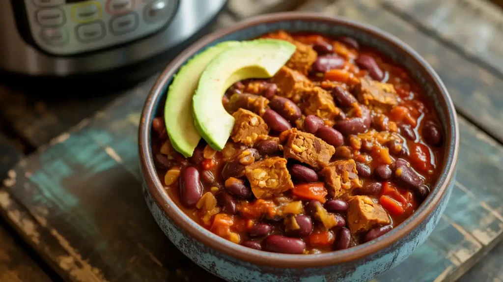 Bowl of vegan tempeh and bean chili with toppings, cooked in the Instant Pot.