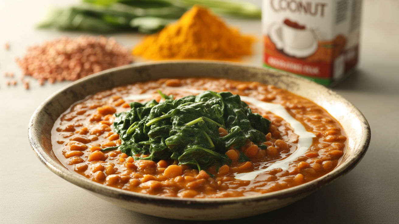 Close-up of a bowl of vegan red lentil curry topped with spinach and coconut milk drizzle Close-up of a bowl of vegan red lentil curry topped with spinach and coconut milk drizzle