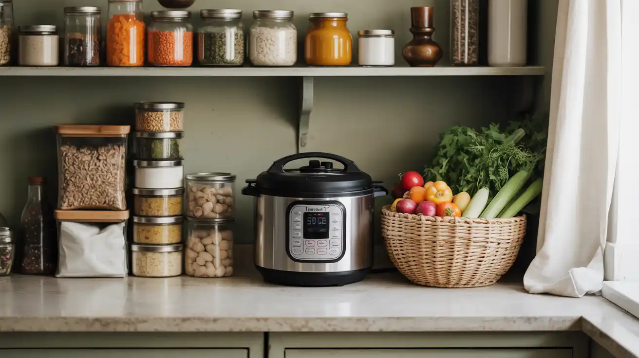 A flat lay of pantry and freezer staples for making viral vegan Instant Pot meals — including beans, rice, spices, and frozen veggies.