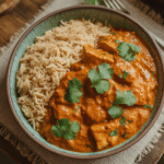 Overhead view of coconut tempeh tikka masala in a bowl with basmati rice and fresh cilantro