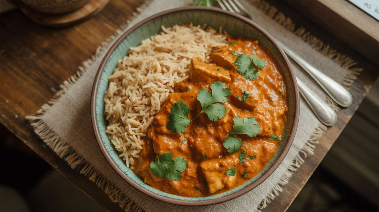 Overhead view of coconut tempeh tikka masala in a bowl with basmati rice and fresh cilantro