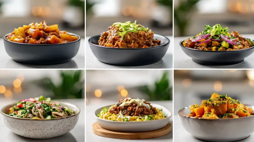 Collage of TikTok viral vegan Instant Pot recipes including curry, noodles, rice dishes, and stews in colorful bowls