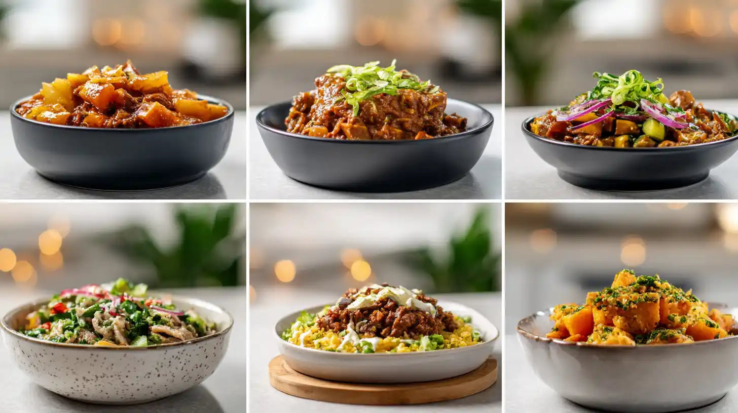 Collage of TikTok viral vegan Instant Pot recipes including curry, noodles, rice dishes, and stews in colorful bowls