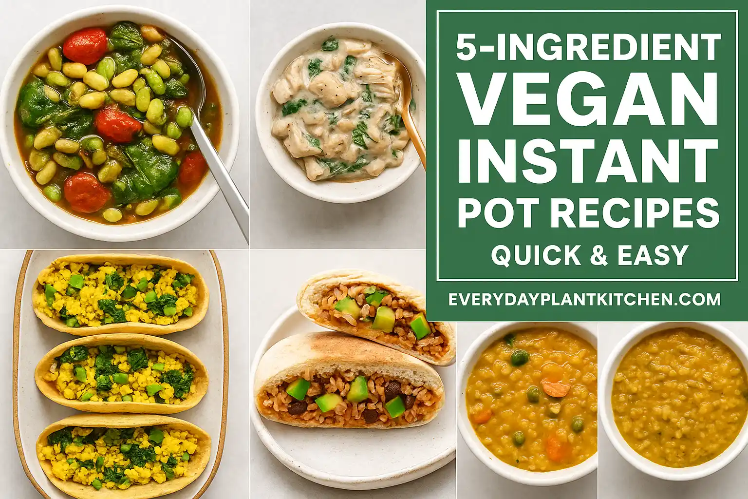 Collage of colorful 5-ingredient vegan Instant Pot recipes including tacos, creamy stew, rice bowls, and pasta dishes — quick and easy plant-based meals.