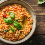 Creamy vegan tomato orzo served in a rustic bowl — a 30-minute vegan Instant Pot dinner with fresh basil and olive oil drizzle.