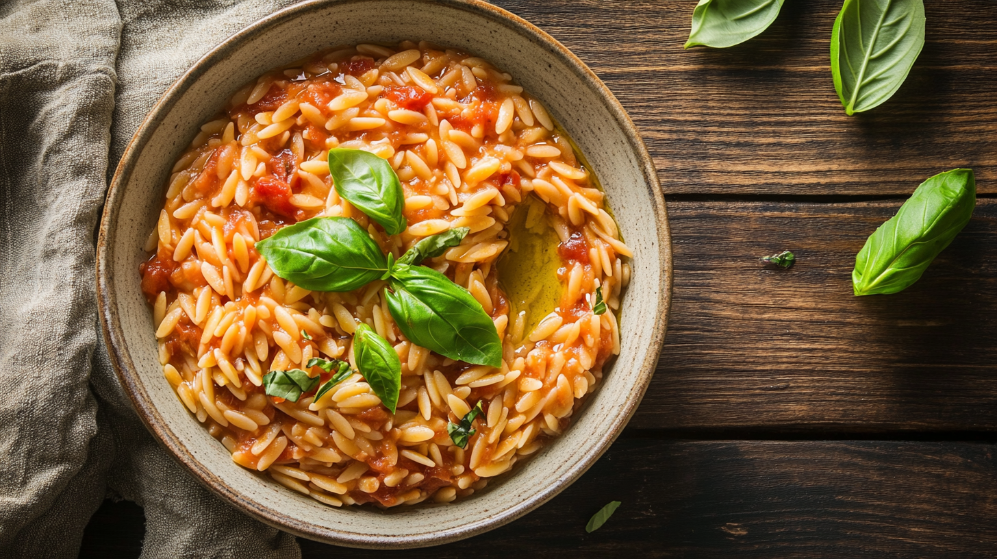 Creamy vegan tomato orzo served in a rustic bowl — a 30-minute vegan Instant Pot dinner with fresh basil and olive oil drizzle.