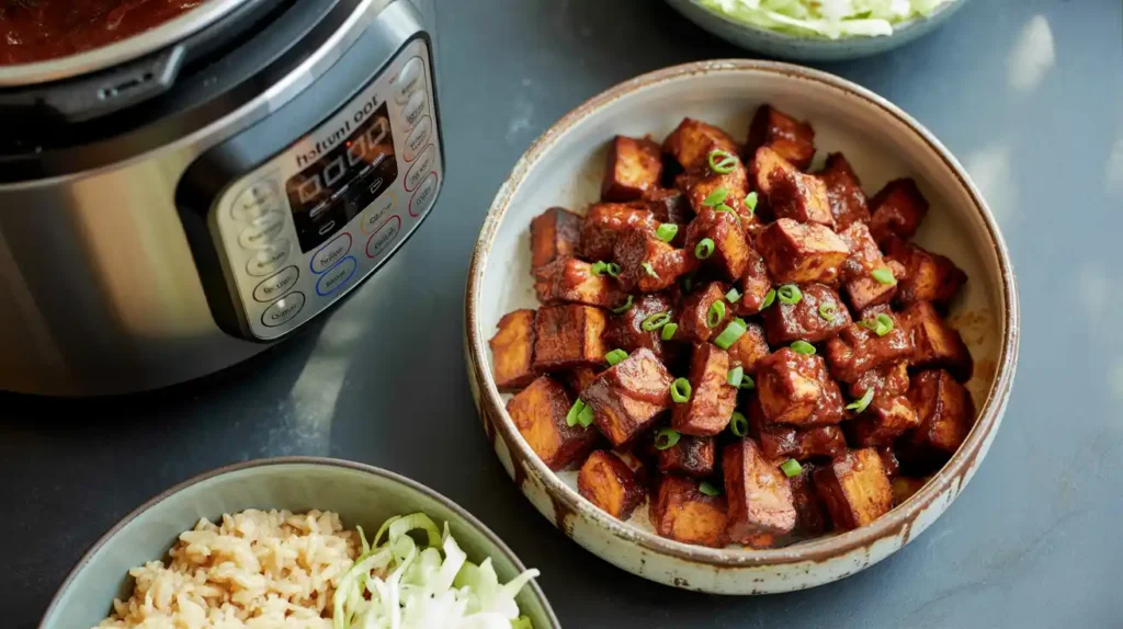 Cubed BBQ tempeh glazed in sauce, served in a bowl with garnish, cooked in an Instant Pot.