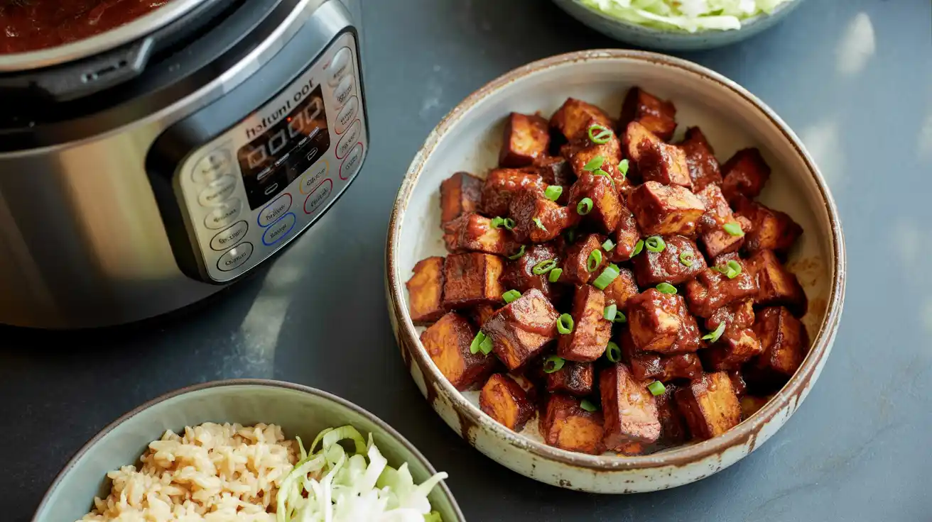 Cubed BBQ tempeh glazed in sauce, served in a bowl with garnish, cooked in an Instant Pot.