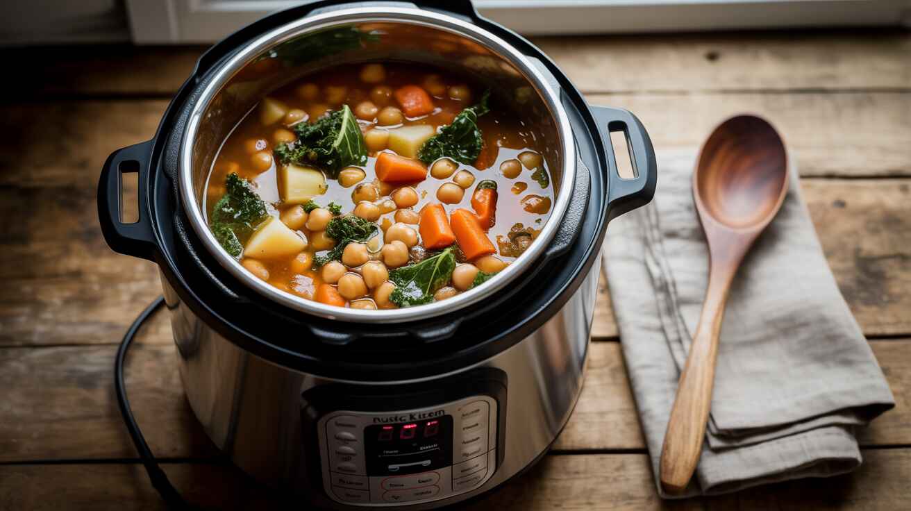 Easy vegan chickpea and kale stew cooking in an Instant Pot on a rustic wooden counter
