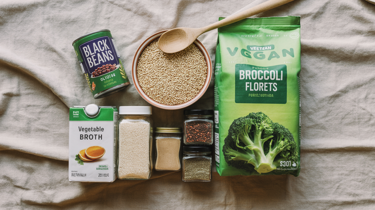 Flat lay of canned beans, dry quinoa, frozen veggies, and spices on a neutral cloth
