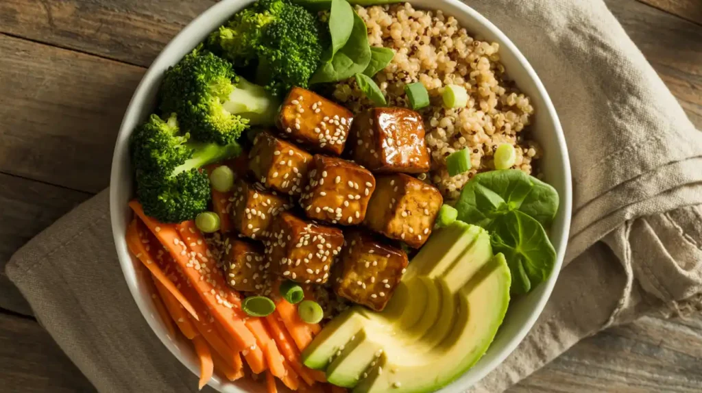 Grain bowl with maple soy glazed tempeh, rice, veggies, and avocado.