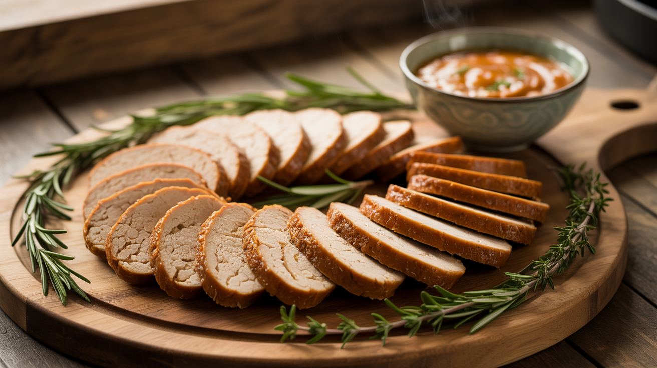 Sliced homemade vegan seitan served on a wooden board with rosemary and dipping sauce.