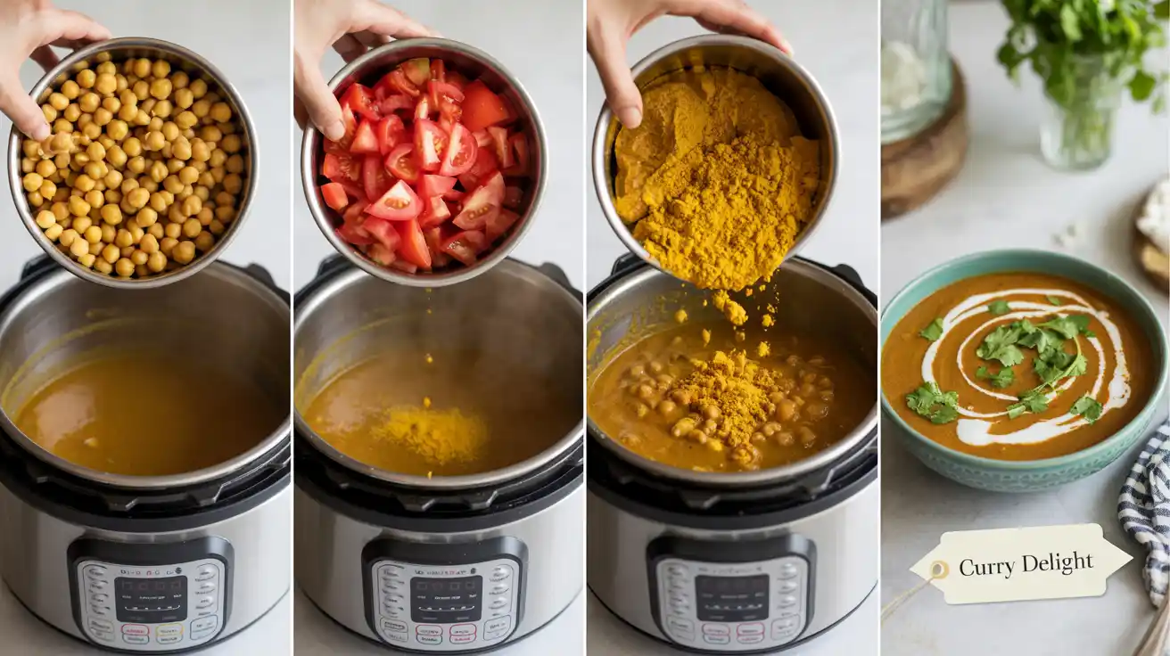  Step-by-step cooking process of a TikTok viral vegan Instant Pot chickpea curry — from canned ingredients to finished dish.