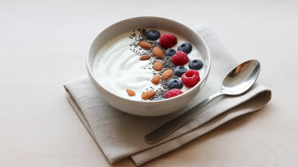 High-protein yogurt breakfast bowl on a wooden table.