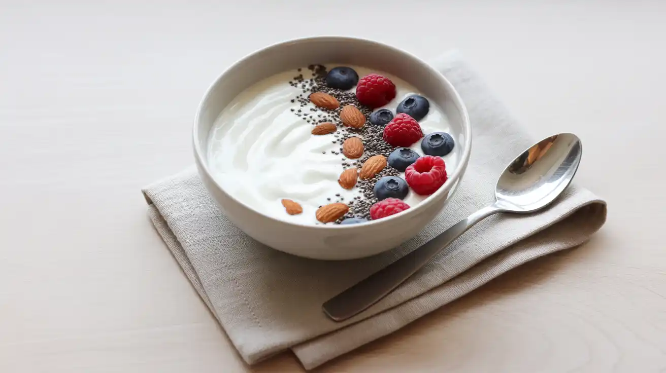 High-protein yogurt breakfast bowl on a wooden table.