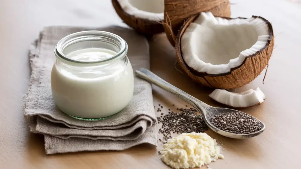 Rustic kitchen flat-lay with coconut yogurt, cracked coconuts, chia seeds, and protein powder