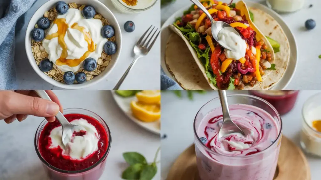 Collage showing how to use Greek yogurt in meals: breakfast, lunch, sauce, and smoothie