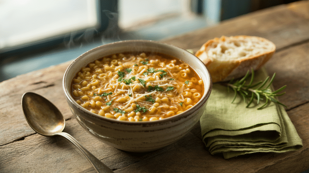A steaming bowl of Italian Pastina Soup with parsley and Parmesan, served with crusty bread on a rustic table.