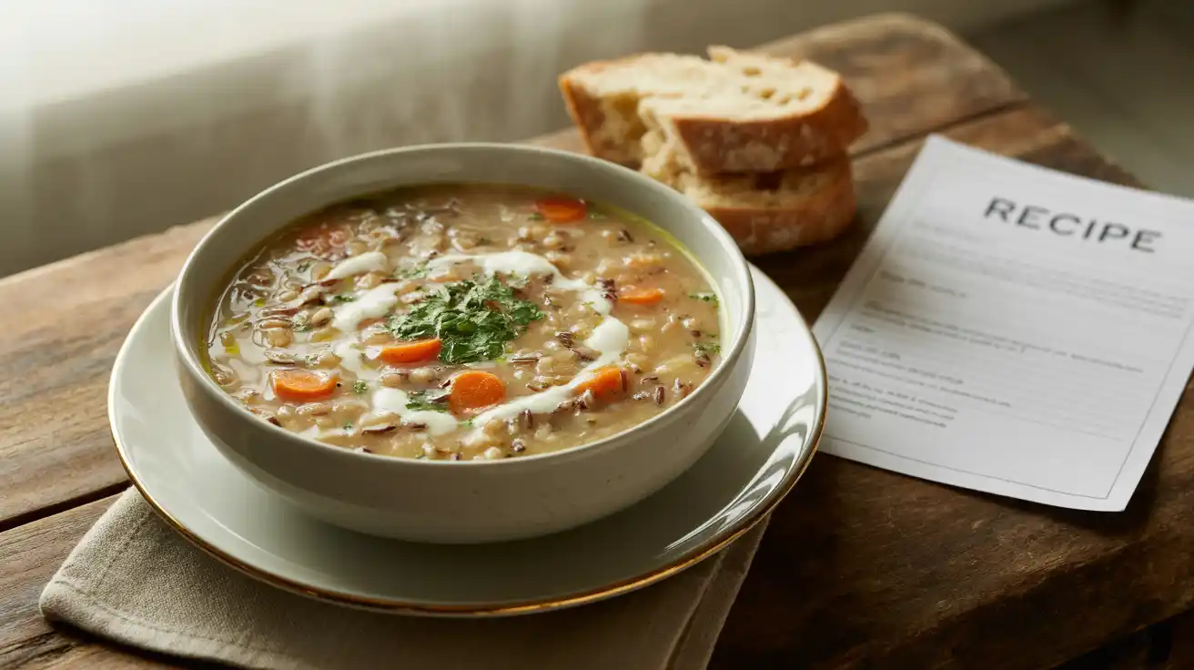 A steaming bowl of creamy wild rice and vegetable soup garnished with herbs, served with crusty bread on a rustic wooden table
