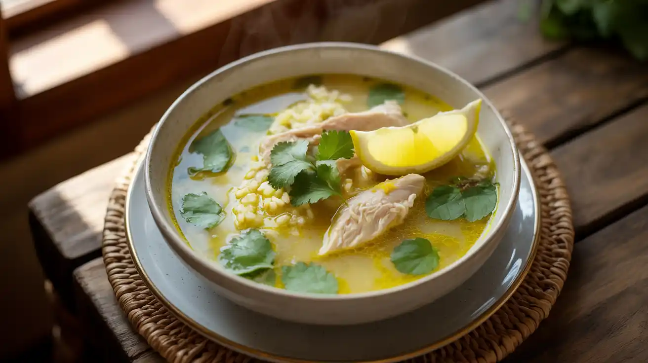 Bowl of lemon ginger chicken soup with rice and fresh herbs