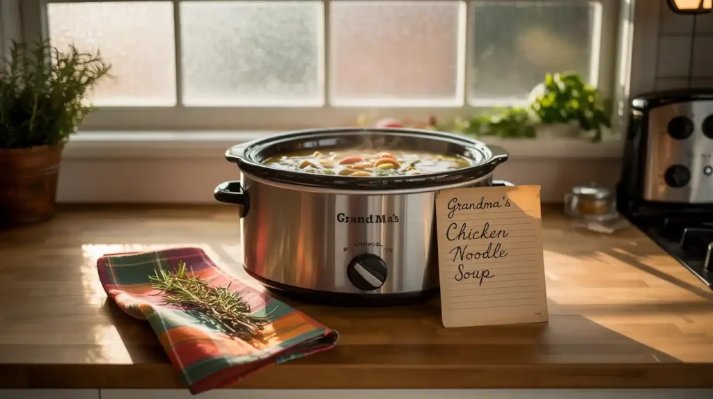 Cozy winter kitchen with slow cooker simmering beef barley soup.