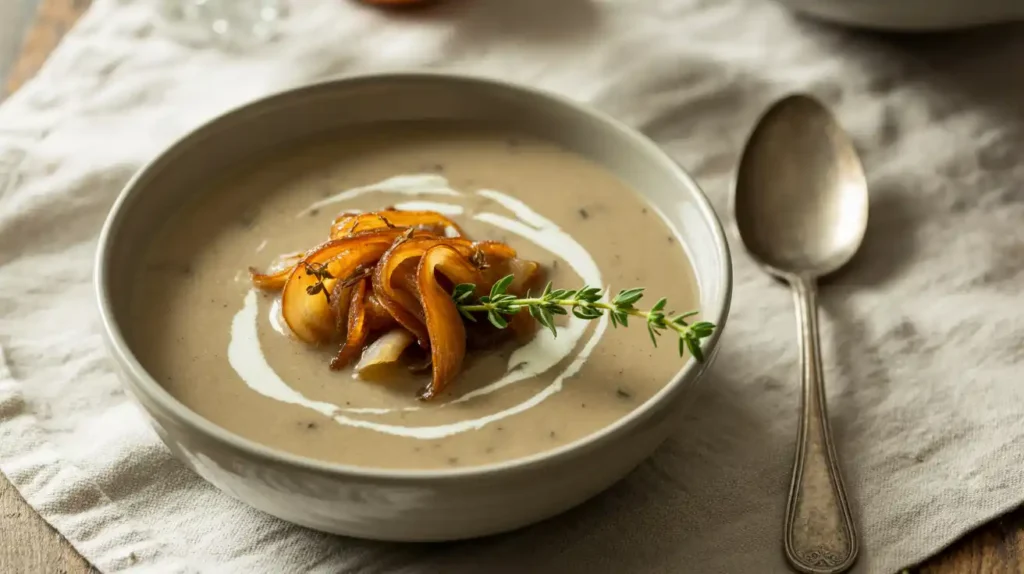 Creamy mushroom soup with thyme and swirl of cream