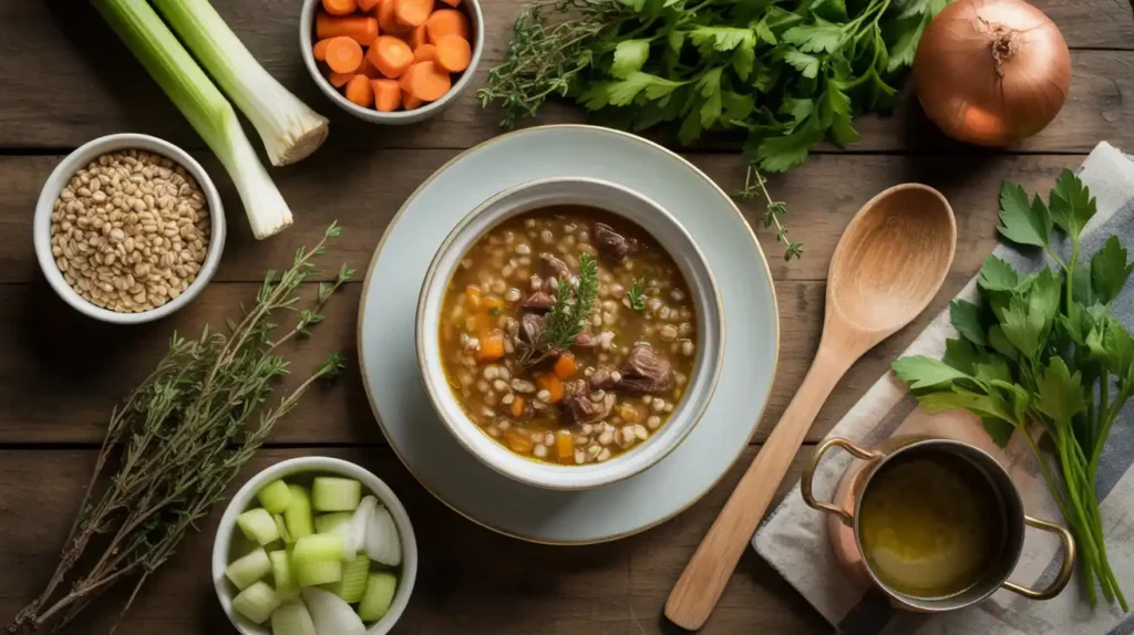 Flat lay of beef barley soup with ingredients and rustic props styled for Pinterest.