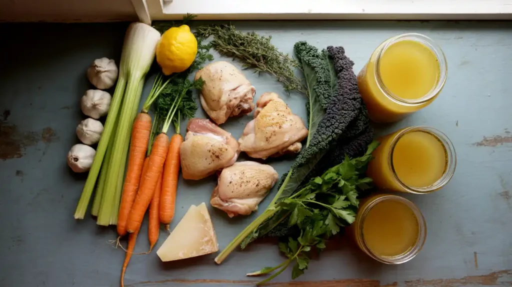 Flatlay of ingredients for Italian penicillin chicken soup.