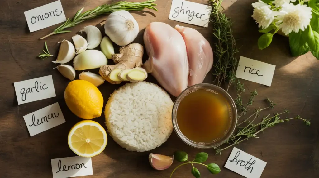 Fresh ingredients for lemon ginger chicken soup on a cutting board