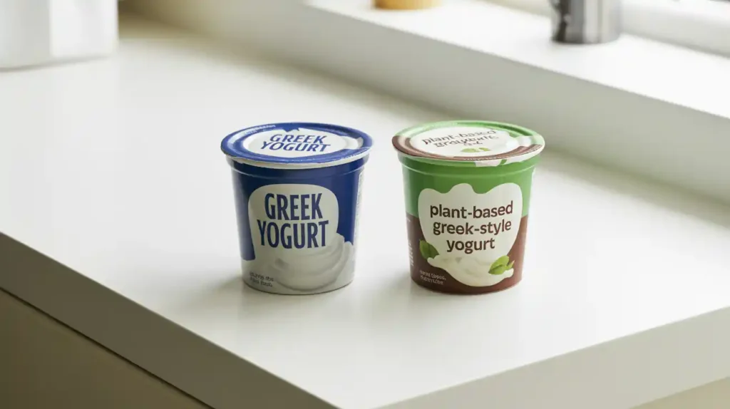 Dairy and plant-based Greek yogurts side by side for comparison