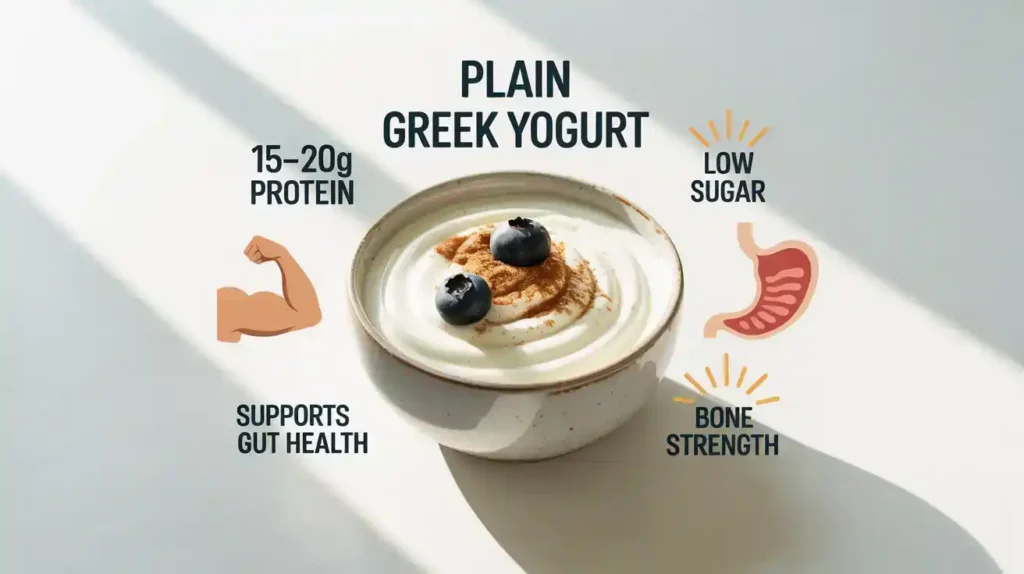 Greek yogurt protein benefits infographic with yogurt bowl and nutrition highlights