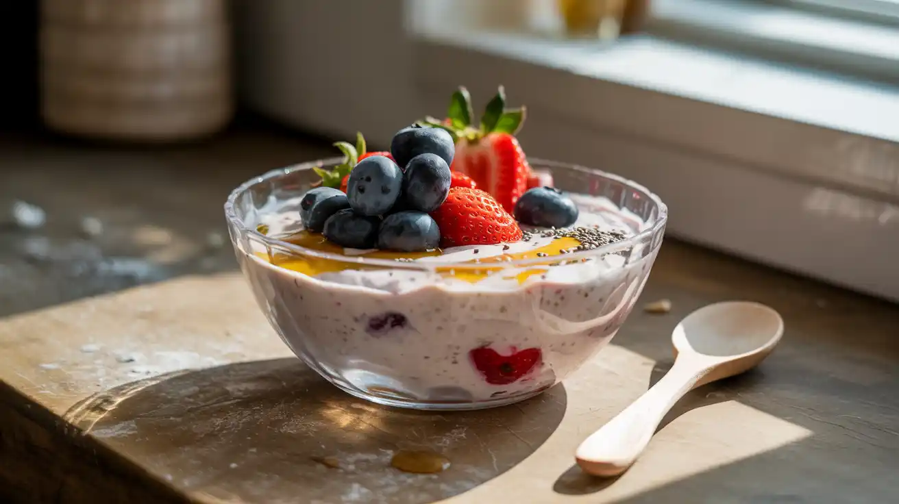 Glass bowl of homemade protein yogurt topped with blueberries, strawberries, honey drizzle, and chia seeds, set on a rustic wooden table with a spoon beside it.