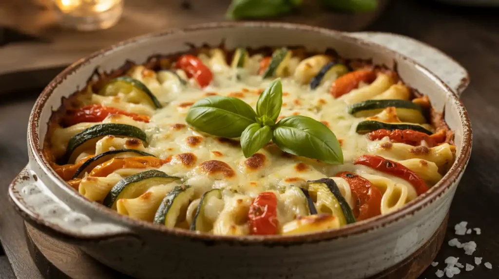 Mediterranean Vegetable Pasta Bake in a rustic ceramic dish