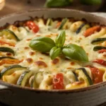 Mediterranean Vegetable Pasta Bake in a rustic ceramic dish