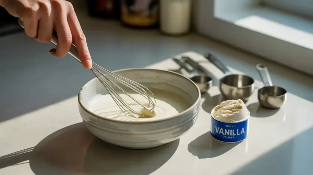 Hand whisking protein powder into plain Greek yogurt in a ceramic bowl, with a scoop of vanilla powder and kitchen tools on a minimalist countertop.