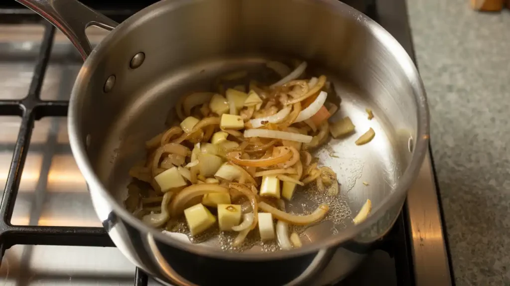 Onions, garlic, and ginger sautéing in a pot with olive oil