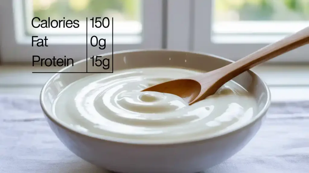 Plain Greek yogurt in a bowl with nutrition facts illustration